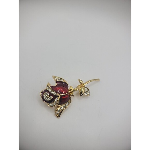 Vintage Brooch Pin Rose Flower Gold Tone Crystals Jewelry Costume - Picture 5 of 15